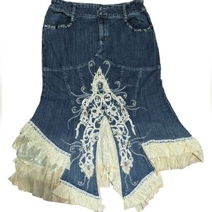 Elegant High-Low Denim Skirt with Lace Details